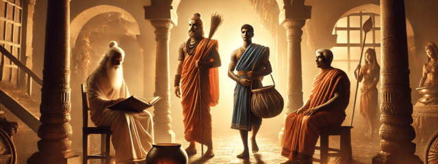 artistic representation of the four traditional varnas: Brahmin, Kshatriya, Vaishya, and Shudra